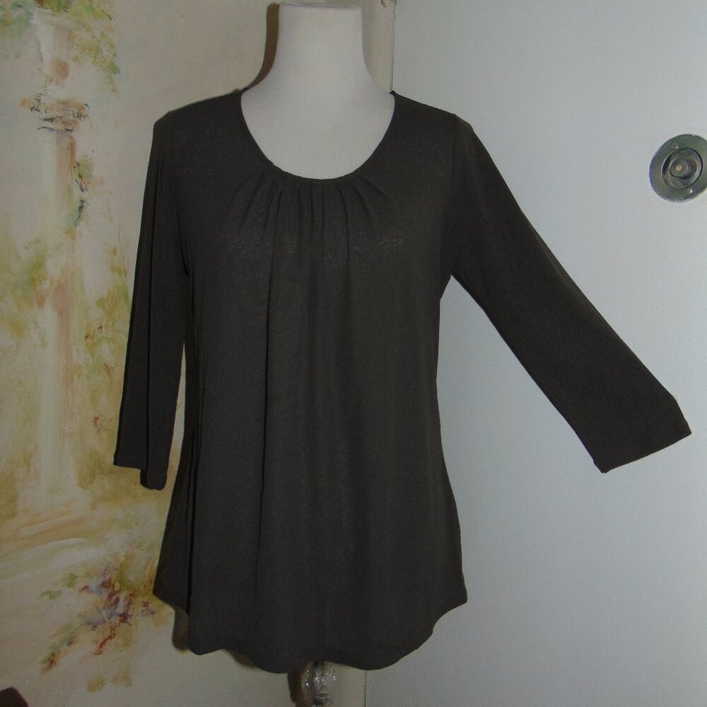 J. Jill Women's Green Top Semi Sheer ¾ Sleeves Ruched Casual Blouse Top Small